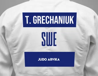 Judo GI with a backnumber showing the name Tihon Grechaniuk from Judo Arvika