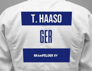 Judo GI with a backnumber showing the name Tim Haaso from Bramfelder SV