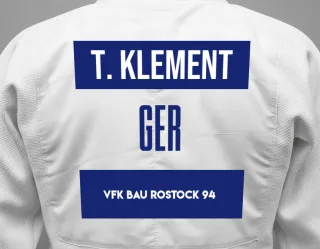Judo GI with a backnumber showing the name Tim Klement from VfK Bau Rostock 94
