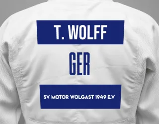 Judo GI with a backnumber showing the name Timo  Wolff from SV Motor Wolgast 1949 e.V