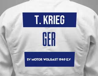 Judo GI with a backnumber showing the name Timo Krieg from SV Motor Wolgast 1949 e.V