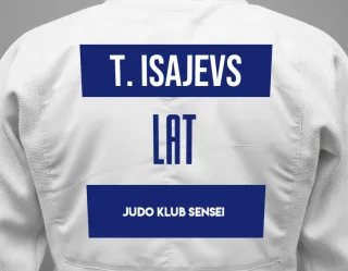Judo GI with a backnumber showing the name Timofejs Isajevs from Judo Klub Sensei