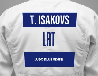 Judo GI with a backnumber showing the name Timurs Isakovs from Judo Klub Sensei