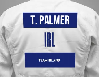 Judo GI with a backnumber showing the name T.j. Palmer from Team Irland