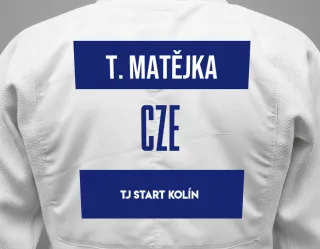 Judo GI with a backnumber showing the name Tobiáš Matějka from TJ START KOLÍN