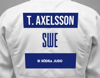 Judo GI with a backnumber showing the name Tobias Axelsson from IK Södra Judo