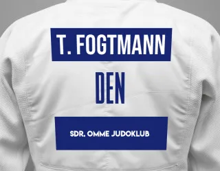 Judo GI with a backnumber showing the name Tobias Fogtmann from Sdr. Omme judoklub