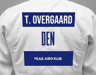 Judo GI with a backnumber showing the name Tobias Overgaard from Vejle Judo Klub