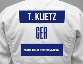 Judo GI with a backnumber showing the name Tokessa Klietz from Budo Club Vorpommern