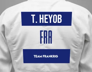 Judo GI with a backnumber showing the name Tom Heyob from Team Frankrig