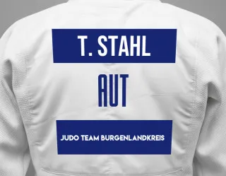 Judo GI with a backnumber showing the name Tom Luca Stahl from Judo Team Burgenlandkreis