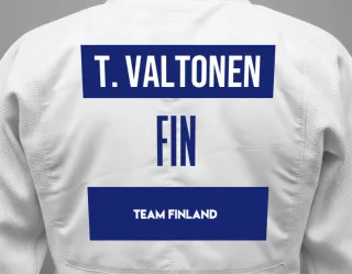 Judo GI with a backnumber showing the name Tommi Valtonen from Team Finland