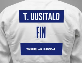 Judo GI with a backnumber showing the name Toni Uusitalo from Tikkurilan Judokat