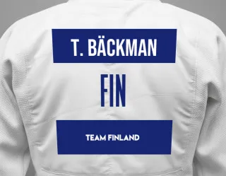 Judo GI with a backnumber showing the name Tony Bäckman from Team Finland