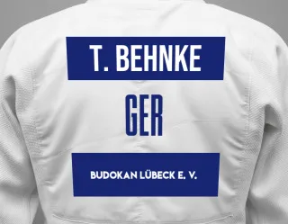 Judo GI with a backnumber showing the name Torben Behnke from Budokan Lübeck e. V.