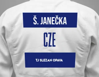 Judo GI with a backnumber showing the name štěpán Janečka from TJ Slezan Opava