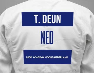 Judo GI with a backnumber showing the name Tristan Deun from Judo Academy Noord Nederland