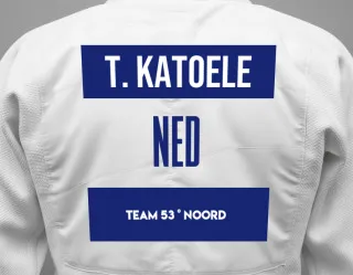Judo GI with a backnumber showing the name Twan Katoele from Team 53 ° Noord