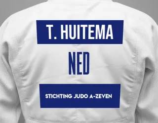 Judo GI with a backnumber showing the name Tymen Huitema from Stichting Judo A-Zeven