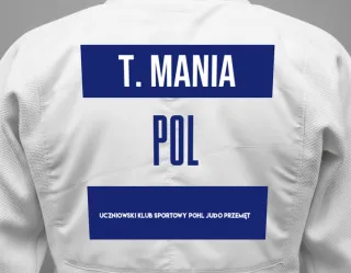 Judo GI with a backnumber showing the name Tymon Mania from Uczniowski Klub Sportowy Pohl Judo Przemęt