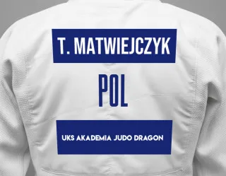 Judo GI with a backnumber showing the name Tymoteusz Matwiejczyk from UKS Akademia Judo Dragon