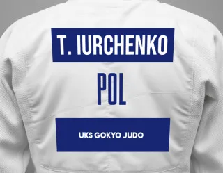 Judo GI with a backnumber showing the name Tymur Iurchenko from UKS Gokyo Judo