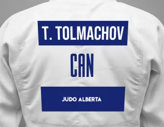 Judo GI with a backnumber showing the name Tymur Tolmachov from Judo Alberta