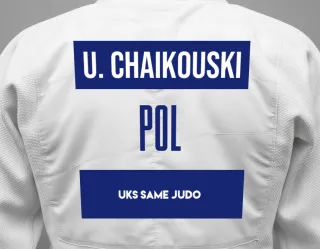 Judo GI with a backnumber showing the name Uladzimir Chaikouski from UKS Same Judo