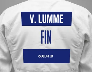 Judo GI with a backnumber showing the name Väinö Lumme from Oulun JK