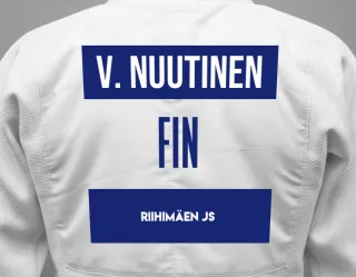 Judo GI with a backnumber showing the name Väinö Nuutinen from Riihimäen JS