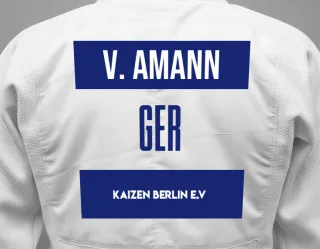Judo GI with a backnumber showing the name Valentin Amann from Kaizen Berlin e.V
