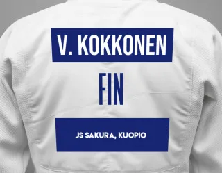 Judo GI with a backnumber showing the name Valtteri Kokkonen from JS Sakura, Kuopio