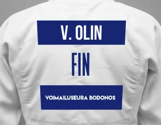 Judo GI with a backnumber showing the name Valtteri Olin from Voimailuseura Bodonos