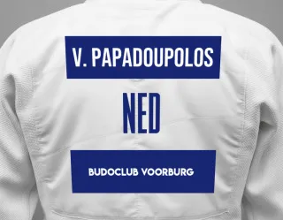Judo GI with a backnumber showing the name Vaso Papadoupolos from Budoclub Voorburg