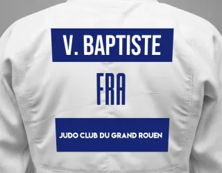 Judo GI with a backnumber showing the name Vautier Baptiste from Judo Club du Grand Rouen