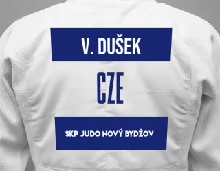 Judo GI with a backnumber showing the name Václav Dušek from SKP Judo Nový Bydžov