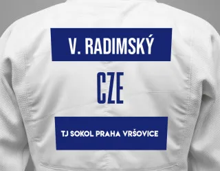 Judo GI with a backnumber showing the name Václav Radimský from TJ Sokol Praha Vršovice