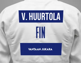 Judo GI with a backnumber showing the name Veikka Huurtola from Vantaan Jukara