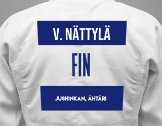 Judo GI with a backnumber showing the name Vertti Nättylä from Jushinkan, Ähtäri