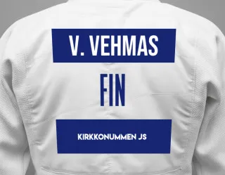 Judo GI with a backnumber showing the name Vesa Vehmas from Kirkkonummen JS