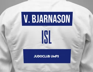 Judo GI with a backnumber showing the name Vésteinn Haukur Bjarnason from Judoclub UMFS