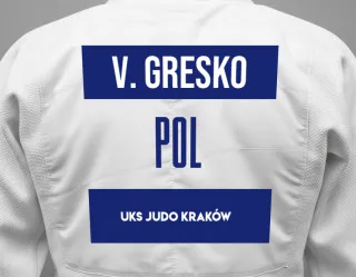 Judo GI with a backnumber showing the name Victor Gresko from UKS Judo Kraków 