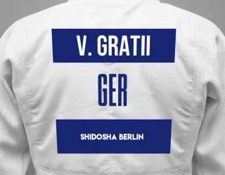 Judo GI with a backnumber showing the name Victoria Gratii from ShidoSha Berlin