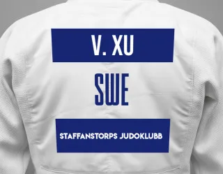 Judo GI with a backnumber showing the name Vidar Xu from Staffanstorps Judoklubb