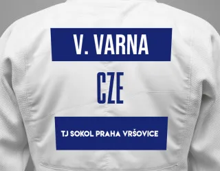 Judo GI with a backnumber showing the name Viggo Varna from TJ Sokol Praha Vršovice