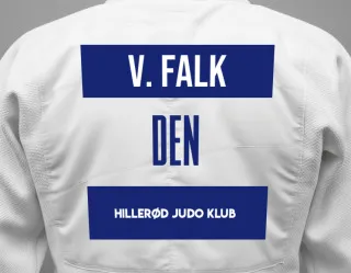 Judo GI with a backnumber showing the name Viggo Vincent Falk from Hillerød Judo Klub