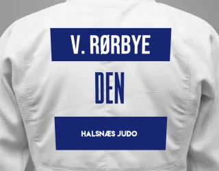 Judo GI with a backnumber showing the name Viktor Rørbye from Halsnæs Judo
