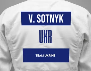 Judo GI with a backnumber showing the name Viktoriia Sotnyk from Team Ukrine
