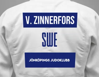 Judo GI with a backnumber showing the name Vilgot Zinnerfors from Jönköpings Judoklubb