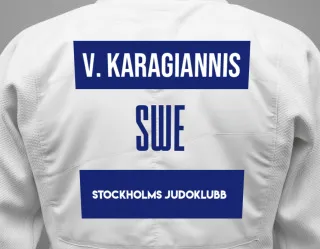 Judo GI with a backnumber showing the name Vincent Karagiannis from Stockholms Judoklubb
